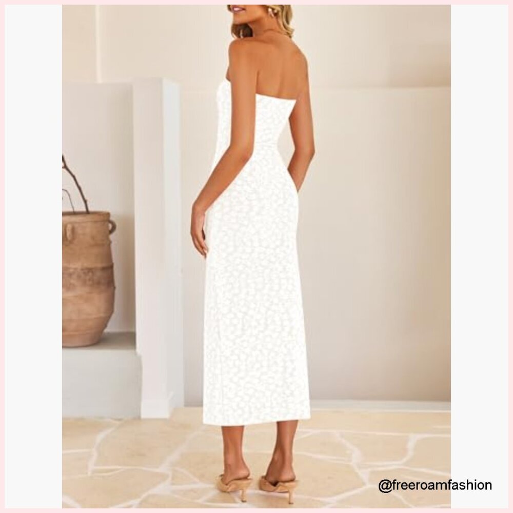 Strapless Bodycon Midi Dress Floral Summer Wedding Guest Beach Party - Picture 5 of 7